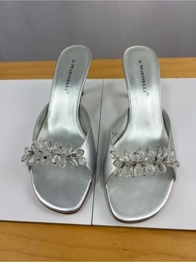 NWT A. Marinelli Silver Crystal-Embellished Slide Mules